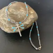 Blue Turquoise Dragonfly Pendant Zuni Sterling Silver Necklace 12058