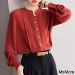 【MSMORE】磚紅色雪紡垂感襯衫寬鬆長袖純色百搭短版上衣#118706(磚紅)