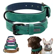 Didog Soft Leather Dog Collars Padded Adjustable Pet Puppy Neck Strap Heavy Duty Green L:Neck 32-42cm