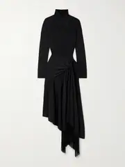 [Adam Lippes] Adam Lippes - Asymmetric Draped Fringed Stretch-knit Turtleneck Midi Dress - Black - x small x small Black
