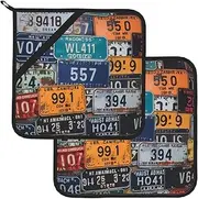2 Pack Pot Holders for Kitchen Heat Resistant Potholders License Plate Pot Holders Set Washable Hot Pads with Loop Non Slip Potholders for Cooking Baking BBQ Microwave 8 x 8 Inch