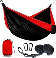 SOOPRNO Camping Hammock. Portable Double and Single Hammock with 2 Tree Straps and Attached Carry Bag. Camping Gear for Outdoor Hiking Camping Beach Backpacking Travel. (Black & Red)