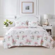NEW! ~ COZY COTTAGE CHIC SHABBY ROMANTIC WHITE SAGE GREEN LEAF PINK QUILT SET