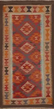 Hand-Woven Geometric Reversible Kilim Oriental Runner Rug Wool Tribal Carpet 3x7