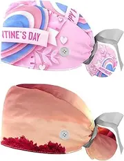 [WOSHJIUK] Working Hat 2 Pack Scrub Caps for Women,Heart Happy Valentine Day,Tie Back Cap Adjustable Scrub Hat