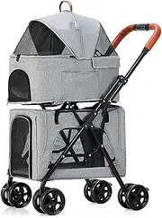 Two Decker Pet Cart, 3 in 1 Multifunctional Cat Cart, Foldable Dog Cart for Small Dogs, Foldable, Front, Pet Cart for 2 Dogs (Color : Gray, Size: