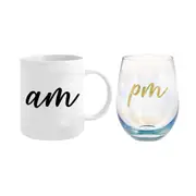 2pc Am/Pm 360ml/600ml Ceramic Coffee/Tea Mug & Stemless Glass Set Drinkware