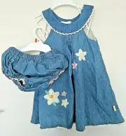 PUMPKIN PATCH Girls Denim Floral Lace Hem Pinnie Dress & Kickers Blue 6-12Mth