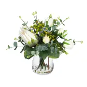 Glamorous Fusion Protea & Rose Mixed Artificial Fake Plant Decorative Arrangement 40cm In Glass Multicolour