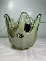 White Cristal Murano Style Green Large Hand Blown Glass Vase Made in Italy New