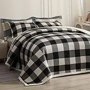 tohrisa Cotton Plaid Quilt Set, Ultra Soft 3 Pieces King Size Bedding with 2 Pillow Shams, Lightweight Reversible Coverlet Bedspread with Wave Quilting for Summer, 108"x96", Grid-Black White