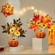 Halloween Fall Desktop Ornament with Faux Pumpkin, Red Berries, Maple Leaves and LED Lights for Autumn Harvest Festival, Spooky Halloween Scene Decoration for
