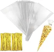 200Pcs Clear Cone Bags Sweets Treat Bag for Baking,with 200pcs Twist Ties,Candy,Cookie,Displaying,Wrapping Cellophane Bags Transparent Party Treat Sweets Bags for Wedding Candy Flowers Snacks Cookies