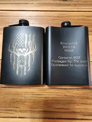 Black Stainless steel laser engraved 8 Oz whiskey liquor flask with fill funnel.