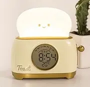 Toast Night Lamp, Digital Alarm Clock for Bedrooms,Date/Temperature Display,Cute Toast Machine Countdown/Timer, Snooze, Adjustable Brightness,Small Bedside Clock for Kids Girls Boys Birthday (Yellow)