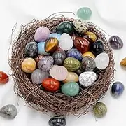 A Set of 10 Easter Eggs, Made of Natural Polished Crystal Quartz and Various Natural Colored Small Egg Shaped Stones, Suitable for Various Holiday Sets.