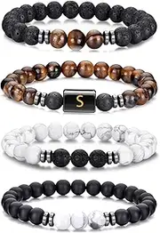 [Avotto] 4PCS Initials Beaded Bracelets for Men-8mm Tiger Eye Bracelets Lava Rock Bracelets Sturdy Stretch Obsidian Bracelet Set Adjustable Natural Stone Bracelet for Men Jewelery Gifts for Him
