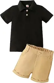 [Yanmucy] Baby Boy Summer Clothes Outfits Toddler Boy Polo Short Sleeve Shirt Solid Elastic Waisted Shorts Clothing Suit Casual T Shirt Tops Shorts Set 1-6 Years, Black, 1-2 Years