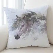 Winter Snow and Bright Hair White Horse Cushion Cover