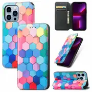 CaseNeo For Apple iPhone 13 Pro Max Leather Wallet Flip Case With RFID Blocking Credit Card Holder Slots Cover - Colored Squares