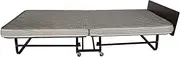 Dolphy Folding Single Bed with Wheels, Black Metal Frame, 4-Inch Brown & White Brocade Cotton Padding