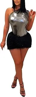 [Generic] Swimsuit Middle Women Clubwear One Shoulder Metallic Bodysuit Top Night Party Club Mini Skirt Set Skirt Suit Plus