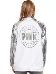 Victoria's Secret Pink New! Snap Front Coach Jacket Color Silver Foil NWT XSmall