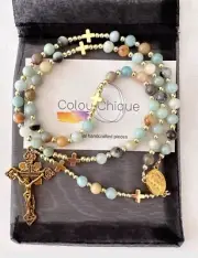 Handmade Stone Beads. Flower Amazonite Rosar. Gold Tone Divine Mercy Center
