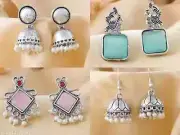 Set of 4 Oxidized Silver Earrings – Boho Jhumka & Stud Combo with Pearls