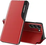 QIVSTAR Smart Window Case for Samsung Galaxy S21 FE, Hard PC + PU Leather Kickstand Business Flip Shockproof Phone Cover for Samsung Galaxy S21 FE 5G. Red QHC