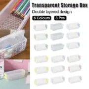 3PCS Clear Plastic Desktop Storage Box 2 Layer Holder DIY Stationery Pencil Case