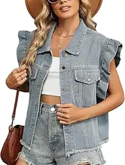 [cffvdiz] Women's Ruffle Denim Vest Sleeveless Raw Hem Button Front Y2K Summer Jean Vest Top