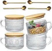 LANDNEOO 4pcs Set Vintage Coffee Mugs gifts for women, Overnight Oats Containers with Bamboo Lids and Spoons - 14oz Clear Embossed Glass Cups, Cute Coffee Bar Accessories, Iced Coffee Glasses