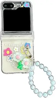 Cute Case for Samsung Galaxy Z Flip 6(2024) with Hinge Protection,Clear Floral Shockproof Protective Hard PC Women Phone Case for Z Flip6 with Pearl Wrist Chain (Blue)