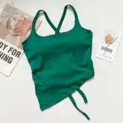 Plain Padded Tie Back Crop Camisole Top Green - One Size