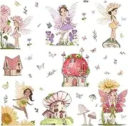 CRASPIRE Fairy Wall Stickers PVC Waterproof Self Adhesive Decals Butterfly Mushroom Removable Rectangle 8 Sheets 8 Styles for Window Stairway Home Decoration TV Wall Art