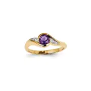 14K Yellow Gold Real Diamond and Amethyst Round Ring