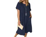 Women's Summer Dress Linen Beach Dresses Boho Long Dress-Navy Blue