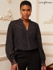 Love & Roses Black Lace Petite Lace Mix Button Through Long Sleeve Blouse (B02126) | $61