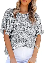 [Zylphorix] Women Chiffon Printed Bubble Sleeve Top Casual Smocked Floral Print Blouses Tee Round Neck Puff Sleeve Chiffon T-Shirt