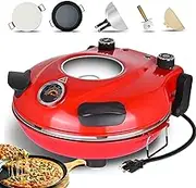 Electric Pizza Maker,12" Indoor Portable Pizza Oven with Pizza Stone & Grill Pan,Glass Window，Timer, Heats up to 420℃ Pizza Cooker，Table Top Pizza Bread Maker red