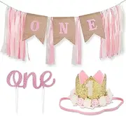 1st Birthday Girl Decorations WITH Crown,1 Year Old Baby First Birthday Decorations Girl,Princess Theme Cake Smash Party Supplies,ONE High Chair Banner, Cake Topper, No.1 Flower Crown