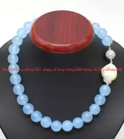 Elegant 14mm Blue Aquamarine Gemstone Beads White Baroque Pearl Necklace 18"