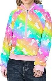 [CenviaLuxy] Girls Half Zip Hoodies Sweatshirts for 2-12Y Casual Collar Crop Tops Long Sleeve Pullover with Pockets Thumb Hole