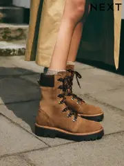 Tan Brown Suede Forever Comfort® Lace-Up Collared Hiker Boots (B78385) | $139