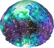 Green Blue Purple Galaxy Print Various Activities Shower Cap Reusable Soft And Lightweight Bath Hair Cap Long Hair