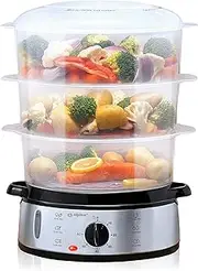 [alpina] Steamer - Steam Engine 230 V/800 W - 3-Layer Pot - BPA Free - Steam Pot Dishwasher Safe - Ready to Use in 0 to 60 Minutes - 9 Litre Capacity - Plastic/RVS - Grey