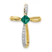 10k Yellow Gold w/Rhodium Lab Created Emerald and Real Diamond Cross Pendant