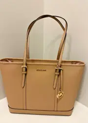 Michael Kors Jet Set Travel Large Leather Women Top Zip Shoulder Tote Bag -Camel