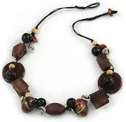 [Avalaya] Wood and Ceramic Bead Necklace with Cotton Cord in Brown/Black - 60cm L, One Size, Wood Ceramic